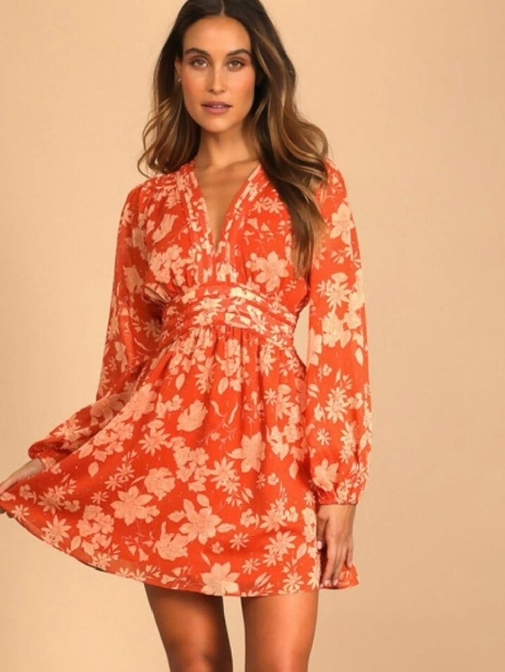 Lulus Gleaming Garden Rust Orange Floral Print Long Sleeve Mini Dress.